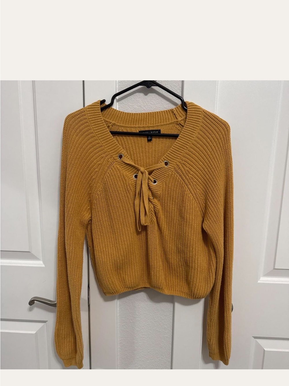 Kendall & Kylie Lace-Up Ribbed V-Neck Sweater - Mustard